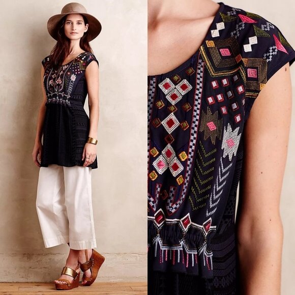 Anthropologie Bohemian Embroidered Tunic One September Size Small Blue Boho‎ Top - Picture 2 of 14